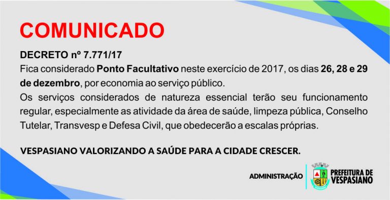 Fique atento ao Ponto Facultativo da Prefeitura de Vespasiano para o final de 2017.