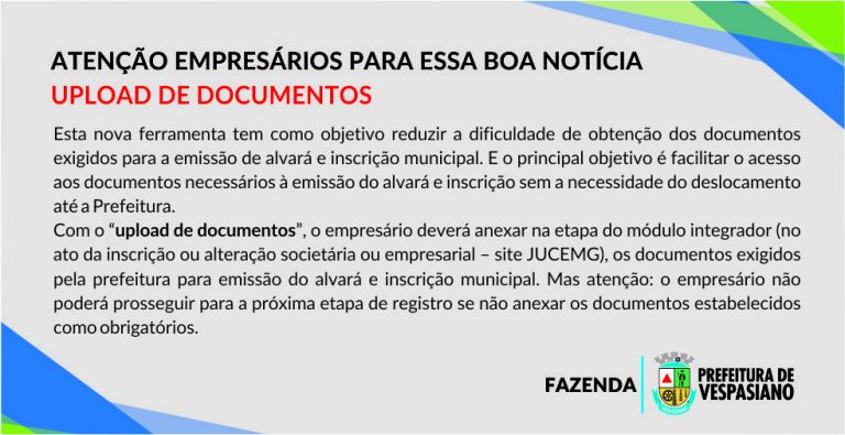 Upload de documentos para emissão de alvará e inscrição municipal