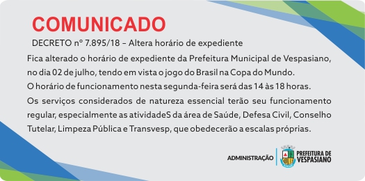 Horário de funcionamento das repartições públicas municipais segunda-feira, dia 02/07.